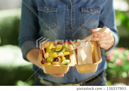 Close-Up of Fresh Fruit Salad in Sustainable Container Close-Up of Fresh Fruit Salad in Sustainable Container 138357903