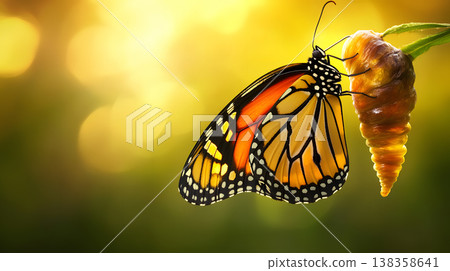 A butterfly emerges from its chrysalis representing new life, New Beginning 138358641