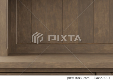 Realistic 3D render of dark wooden shelf display background with copy space for product placement 138359004