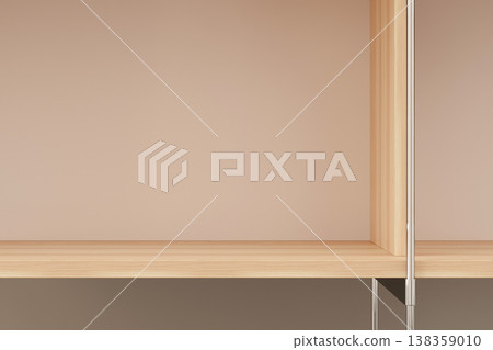 Realistic 3D render of warm minimal shelf background with soft light and copy space 138359010
