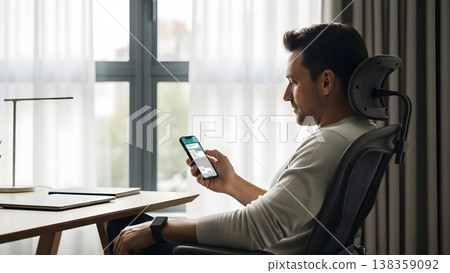 Man Sending a Message on Mobile Phone in Relaxed Office Setting 138359092