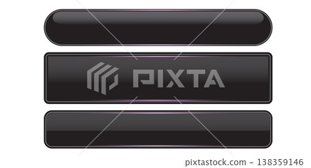 black glossy wide buttons set. 3D realistic web buttons elements with dark reflections and metal frames. Long rectangular and rounded horizontal buttons icons isolated on white for interface design. 138359146