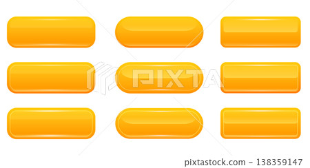 Glossy orange buttons set. 3D realistic buttons web elements with vibrant reflections. Square and rounded yellow-orange buttons icons isolated on white background for user interface and app design. Glossy orange buttons set. 3D realistic buttons web elements with vibrant reflections. Square and rounded yellow-orange buttons icons isolated on white background for user interface and app design. 138359147