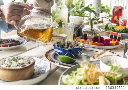 mixed western healthy food meal on restaurant table outdoors in singapore restaurant 138359511