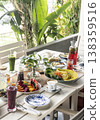 mixed western healthy food meal on restaurant table outdoors in singapore restaurant 138359516