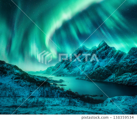 Northern lights over the snowy mountains, sea coast at night Northern lights over the snowy mountains, sea coast at night 138359534