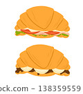 Croissant sandwich with ham, cheese and vegetables. Sweet croissant sandwich with chocolate and banana. Flat vector illustration isolated on white background 138359559