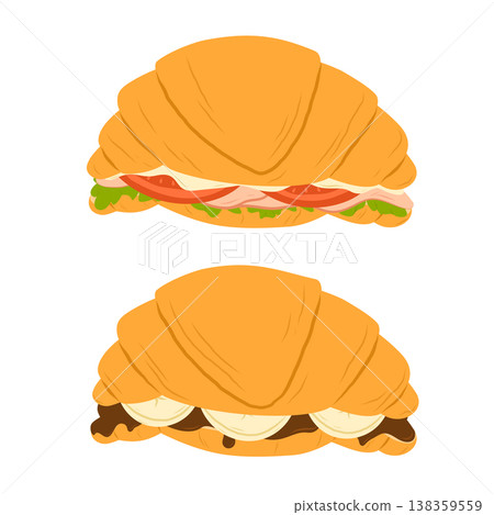 Croissant sandwich with ham, cheese and vegetables. Sweet croissant sandwich with chocolate and banana. Flat vector illustration isolated on white background Croissant sandwich with ham, cheese and vegetables. Sweet croissant sandwich with chocolate and banana. Flat vector illustration isolated on white background 138359559