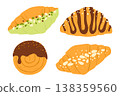 Sweet croissant bakery set. Pistachio, almond and with chocolate glaze. Flat vector isolated illustration 138359560