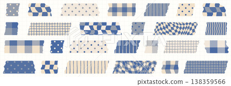 Blue and beige vector washi tape with dots, stripes and plaid patterns, torn pieces masking tape designs for summer scrapbook projects and journaling 138359566