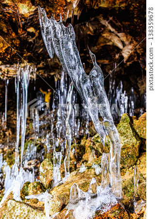 The beautiful ice formations extending into the cave, the undulating ice stalagmites of Hyakujojiki Cave. The beautiful ice formations extending into the cave, the undulating ice stalagmites of Hyakujojiki Cave. 138359678