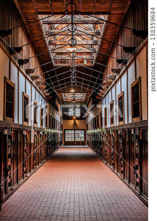A corridor with a beautiful symmetrical composition characteristic of wooden architecture, and a space with a sense of perspective. 138359684