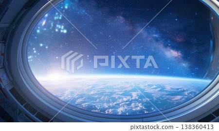 Stunning view of Earth from a spacecraft window, with a sunrise over the horizon and stars in the background. 138360413