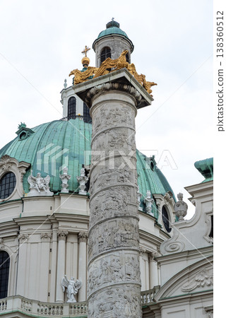 Column with spiral narrative in front of Karlskirche baroque church in Karlsplatz square in Vienna, Austria Column with spiral narrative in front of Karlskirche baroque church in Karlsplatz square in Vienna, Austria 138360512