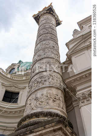 Column with spiral narrative in front of Karlskirche baroque church in Karlsplatz square in Vienna, Austria Column with spiral narrative in front of Karlskirche baroque church in Karlsplatz square in Vienna, Austria 138360526