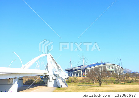 A view of Toyota Stadium and Toyota Bridge in Toyota City, Aichi Prefecture. A view of Toyota Stadium and Toyota Bridge in Toyota City, Aichi Prefecture. 138360688