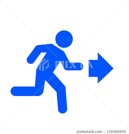 Pictogram (blue) indicating evacuation guidance towards emergency exit. 138360850