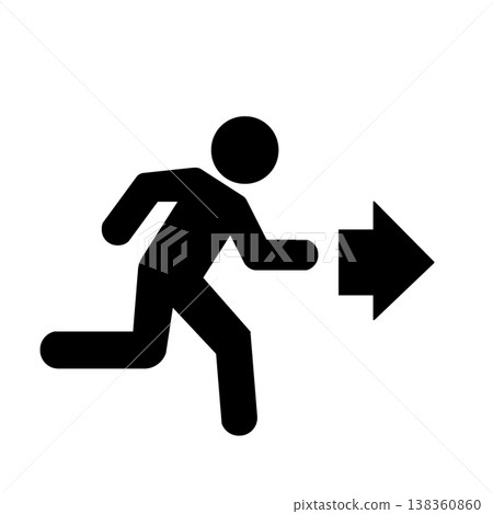 Pictogram (black) indicating evacuation guidance towards emergency exit. 138360860