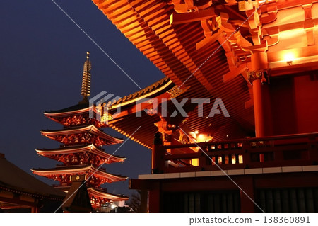 The illuminated Sensoji temple main hall and five-story pagoda The illuminated Sensoji temple main hall and five-story pagoda 138360891