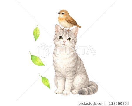 Watercolor illustration of a cat and a small bird perched on its head. Natural and cute animal illustration, simple, hand-drawn style. 138360894
