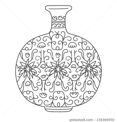 Elegant traditional Asian vase, vector vintage oriental pottery with black and white floral ornaments, flowers pattern Elegant traditional Asian vase, vector vintage oriental pottery with black and white floral ornaments, flowers pattern 138360950