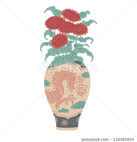 An oriental vase with a dragon and blue clouds, containing red chrysanthemums with green leaves An oriental vase with a dragon and blue clouds, containing red chrysanthemums with green leaves 138360954
