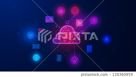 Cloud computing connected to network and interface icons, vector internet storage, database, blue purple glow cyberspace 138360959