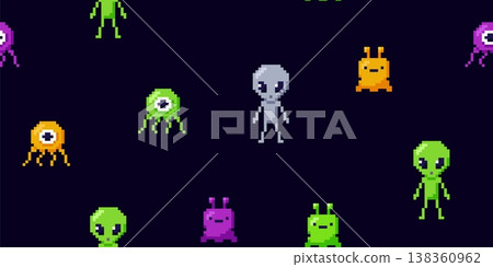 Alien characters, UFO guest, humanoid, vector seamless pattern pixel art, space monsters 8 bit video game background Alien characters, UFO guest, humanoid, vector seamless pattern pixel art, space monsters 8 bit video game background 138360962