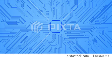 Circuit board with square chip core, circuit lines and dots connected, central computer processor CPU vector background 138360964