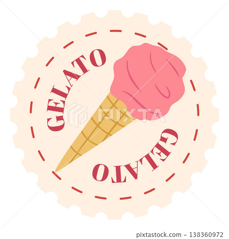 A round label or sticker with a pink ice cream cone and the inscription "GELATO." A round label or sticker with a pink ice cream cone and the inscription "GELATO." 138360972