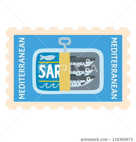 Postage stamp with an open can of sardines and the inscription "Mediterranean." Postage stamp with an open can of sardines and the inscription "Mediterranean." 138360973