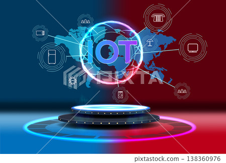 Internet of Things concept illustration. Glowing IOT text over a world map, connected to smart device icons. A futuristic pedestal sits on a split blue red background. High tech innovation theme 138360976