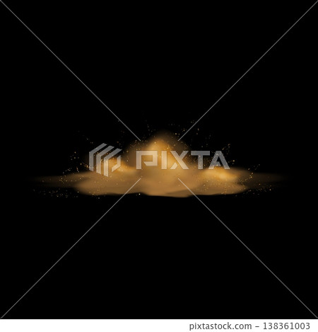 A realistic golden dust cloud with flying sparks, glowing particles, or sand on a black background A realistic golden dust cloud with flying sparks, glowing particles, or sand on a black background 138361003