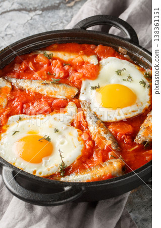 Fried eggs with canned sardines and vegetables simmered in tomato sauce close-up in a frying pan. Vertical Fried eggs with canned sardines and vegetables simmered in tomato sauce close-up in a frying pan. Vertical 138361151