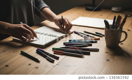 Woman Organizing Colorful Stationery on Wooden Desk with Artistic Lighting Woman Organizing Colorful Stationery on Wooden Desk with Artistic Lighting 138361592