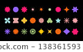 Big retro vintage set geometric shapes black background. Trendy abstract minimalist figures, stars, flowers, circles. Modern abstract graphic elements. Brutalist geometric shapes. 138361593