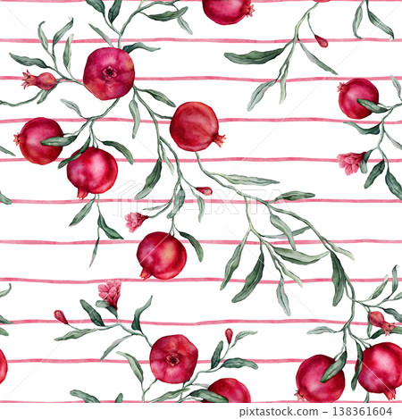 Seamless pattern with watercolor illustration of Pomegranate with flowers. Hand drawn print with tropical fruit branch with leaves on isolated pink striped background. For paper or textile design. 138361604
