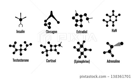 Black Solid Hormone Insulin Molecular Silhouettes Set of Six on White Background 138361701