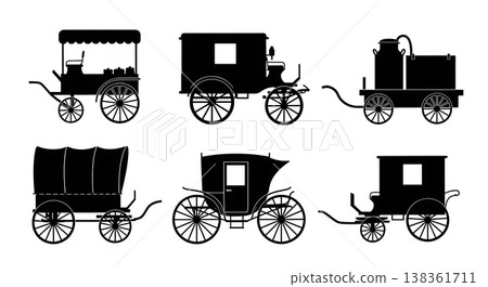 Black Solid Traditional European Horse-Drawn Delivery Carts and Wagons Silhouettes Set of Six on White Background 138361711