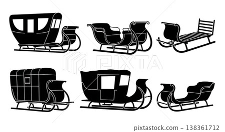 Black Solid Traditional Horse-Drawn Sleighs and Sleds Silhouettes Set of Six on White Background 138361712