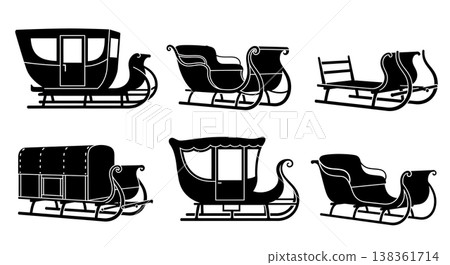 Black Solid Traditional Horse-Drawn Sleighs and Sleds Silhouettes Set of Six on White Background 138361714