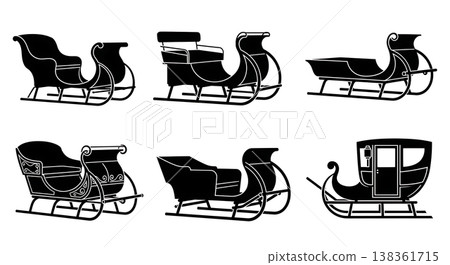 Black Solid Traditional Horse-Drawn Sleighs and Sleds Silhouettes Set of Six on White Background Black Solid Traditional Horse-Drawn Sleighs and Sleds Silhouettes Set of Six on White Background 138361715