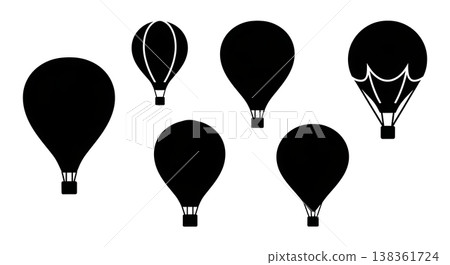 Black Solid Hot Air Balloons Silhouettes Set of Six on White Background Black Solid Hot Air Balloons Silhouettes Set of Six on White Background 138361724