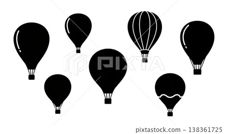 Black Solid Hot Air Balloons Silhouettes Set of Six on White Background 138361725