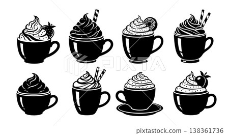 Black Solid Hot Chocolate Silhouettes Set of Six on White Background Black Solid Hot Chocolate Silhouettes Set of Six on White Background 138361736