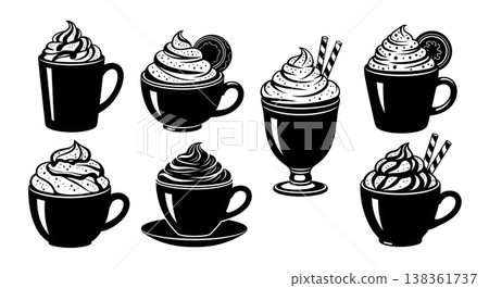 Black Solid Hot Chocolate Silhouettes Set of Six on White Background Black Solid Hot Chocolate Silhouettes Set of Six on White Background 138361737
