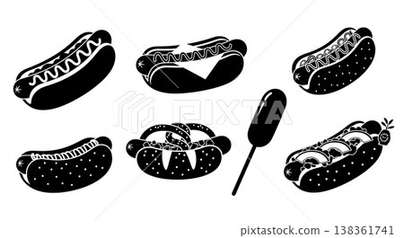 Black Solid Hot Dog Silhouettes Set of Six on White Background Black Solid Hot Dog Silhouettes Set of Six on White Background 138361741