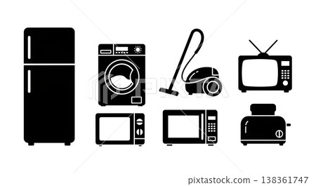 Black Solid Household Appliances Silhouettes Set of Six on White Background Black Solid Household Appliances Silhouettes Set of Six on White Background 138361747