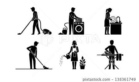 Black Solid Household Chores Silhouettes Set of Six on White Background Black Solid Household Chores Silhouettes Set of Six on White Background 138361749