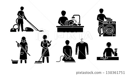 Black Solid Household Chores Silhouettes Set of Six on White Background Black Solid Household Chores Silhouettes Set of Six on White Background 138361751